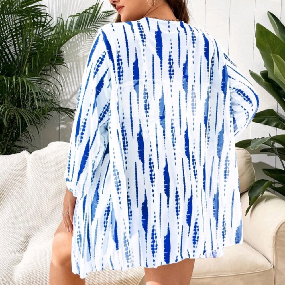 16(2XL) Womens Plus Tie Dye Push Up Bikini Set With Kimono Blue and White / - Picture 2 of 3